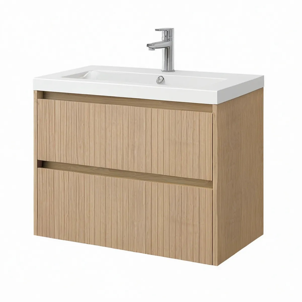 Móvel suspenso para lavatório com 2 gavetas, lavatório cerâmico e torneira 80 x 46 x 50 cm Carvalho-claro/Branco/Cromado