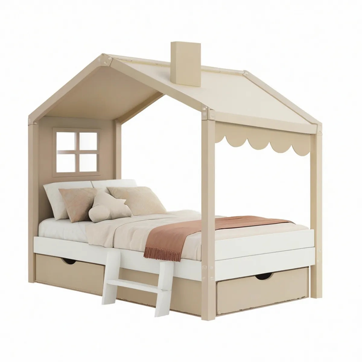Cama infantil em forma de casa 90 x 200 cm em pinho maciço e MDF Bege/Branco