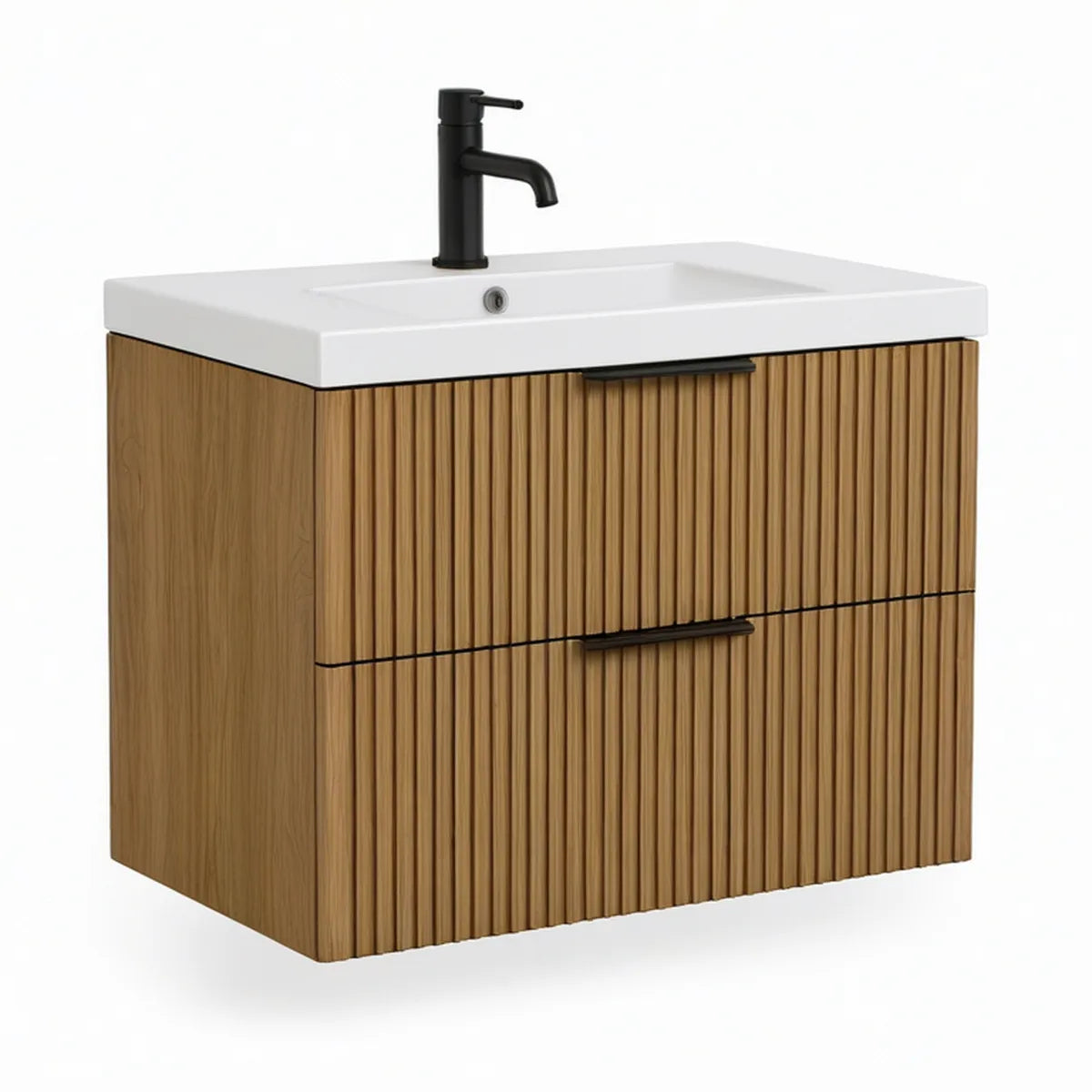 Conjunto suspenso para lavatório 60 x 46 x 50 cm em MDF carvalho com lavatório branco