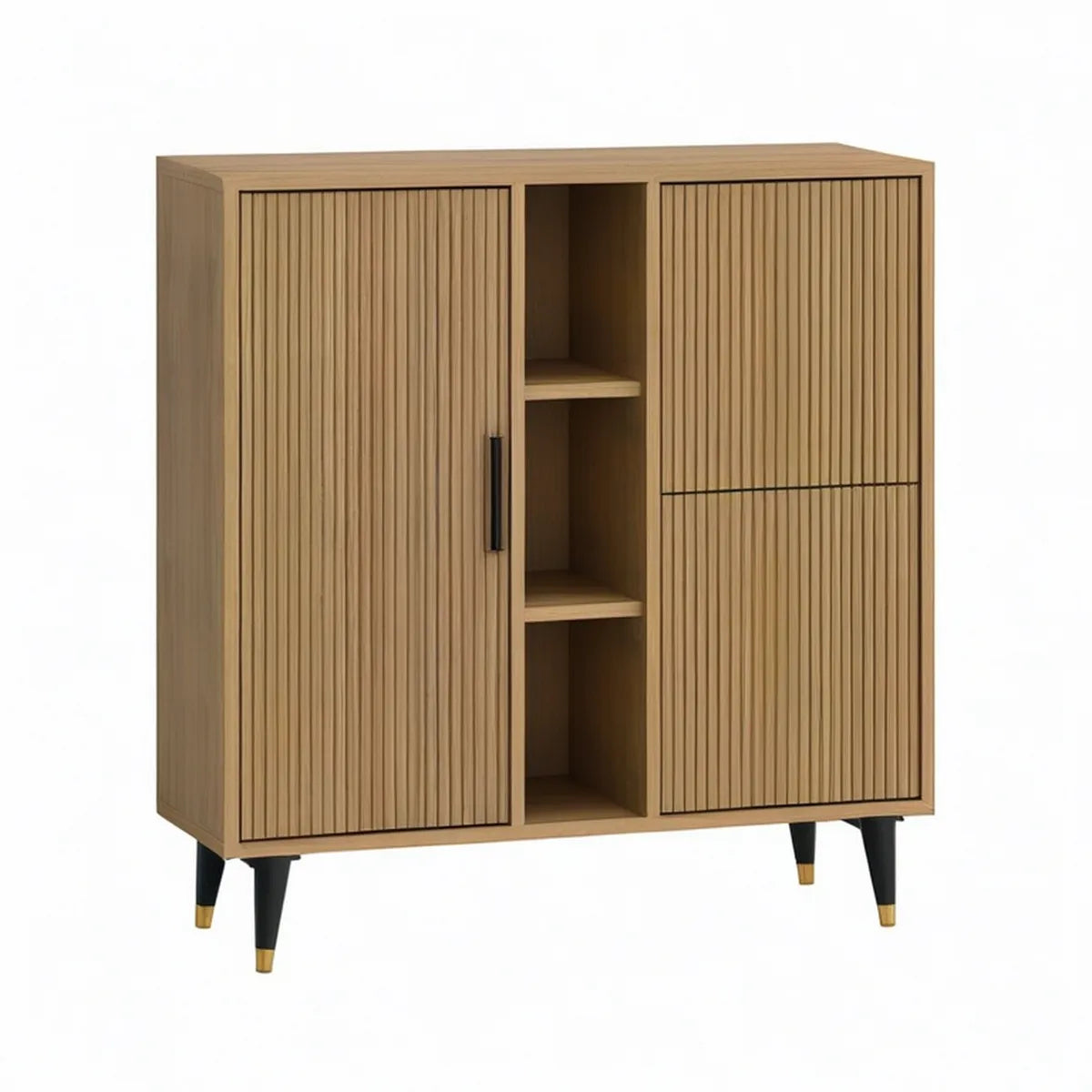 Armário alto em MDF com 3 portas e 3 prateleiras, 120 x 40 x 160 cm, Carvalho/Preto/Dourado
