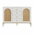Aparador com 2 Portas e 4 Gavetas em MDF e Rattan, 160 x 40 x 85 cm, Branco/Natural/Dourado