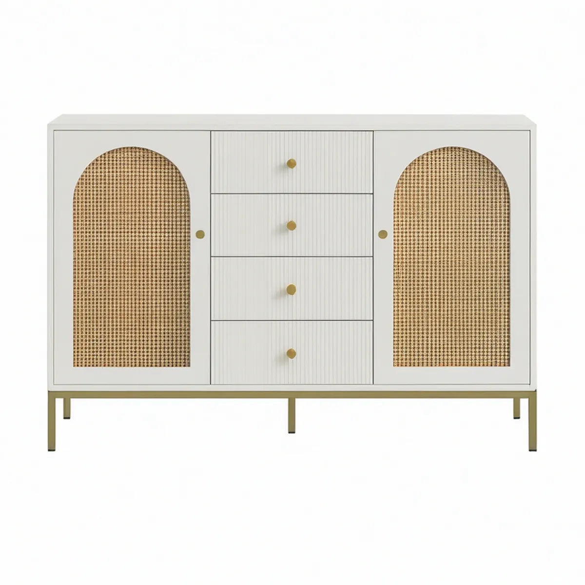 Aparador com 2 Portas e 4 Gavetas em MDF e Rattan, 160 x 40 x 85 cm, Branco/Natural/Dourado