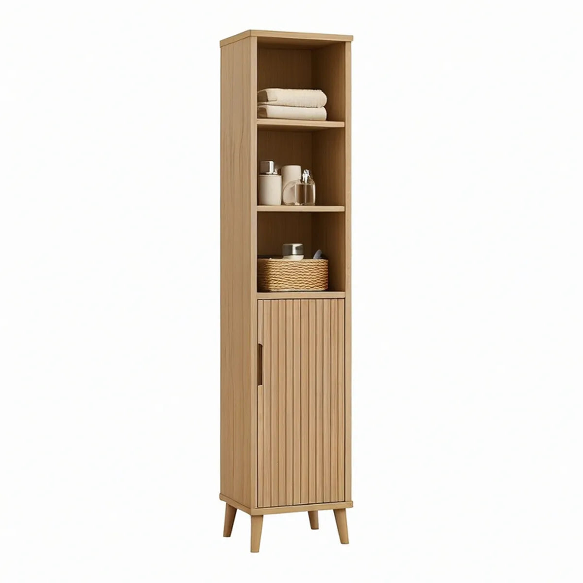 Armário Vertical em MDF com 3 Nichos e Porta Canelada, Carvalho Natural, 40 x 35 x 180 cm