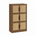 Armário Alto Retangular em MDF com 6 Portas em Rattan Castanho/Natural/Preto 80 x 40 x 160 cm
