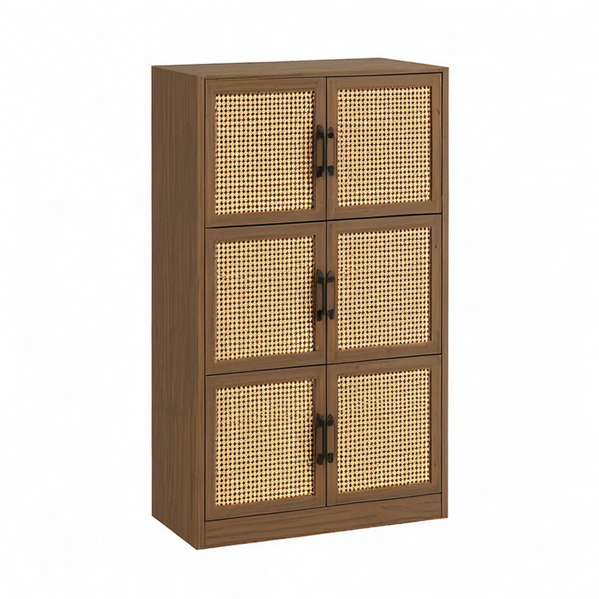 Armário Alto Retangular em MDF com 6 Portas em Rattan Castanho/Natural/Preto 80 x 40 x 160 cm