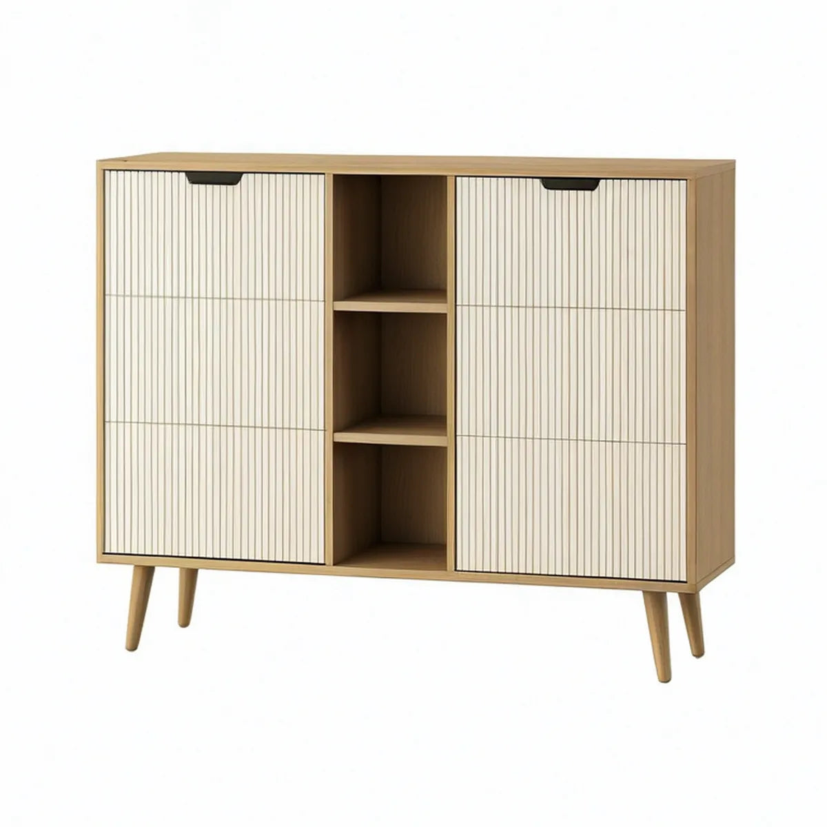 Aparador Retangular com 2 Portas e 3 Nichos em MDF, Carvalho Claro, Bege e Preto, 120 x 40 x 90 cm