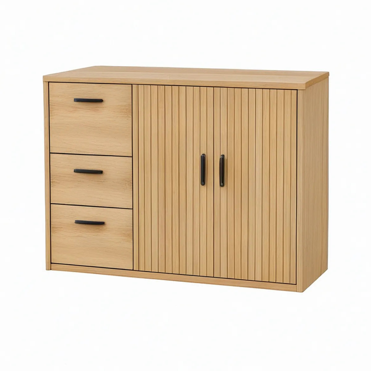 Aparador em Madeira Maciça de Carvalho Natural com 3 Gavetas e 2 Portas, 90 x 40 x 90 cm