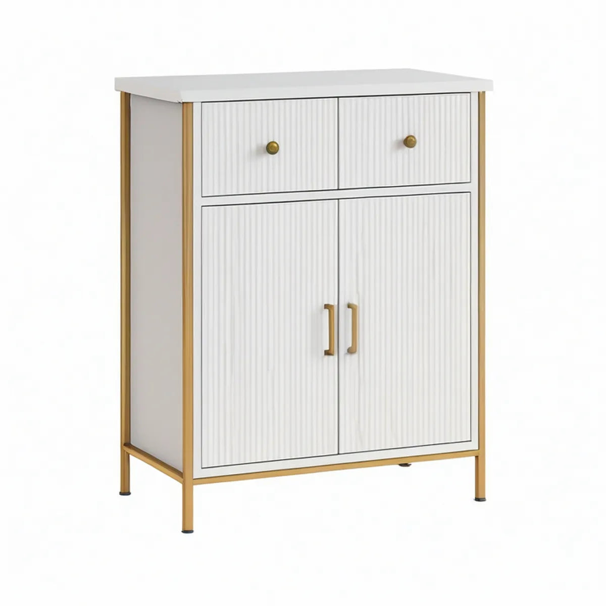 Armário de Arrumação com 2 Portas e 2 Gavetas em MDF Branco e Aço Dourado, 80 x 40 x 100 cm