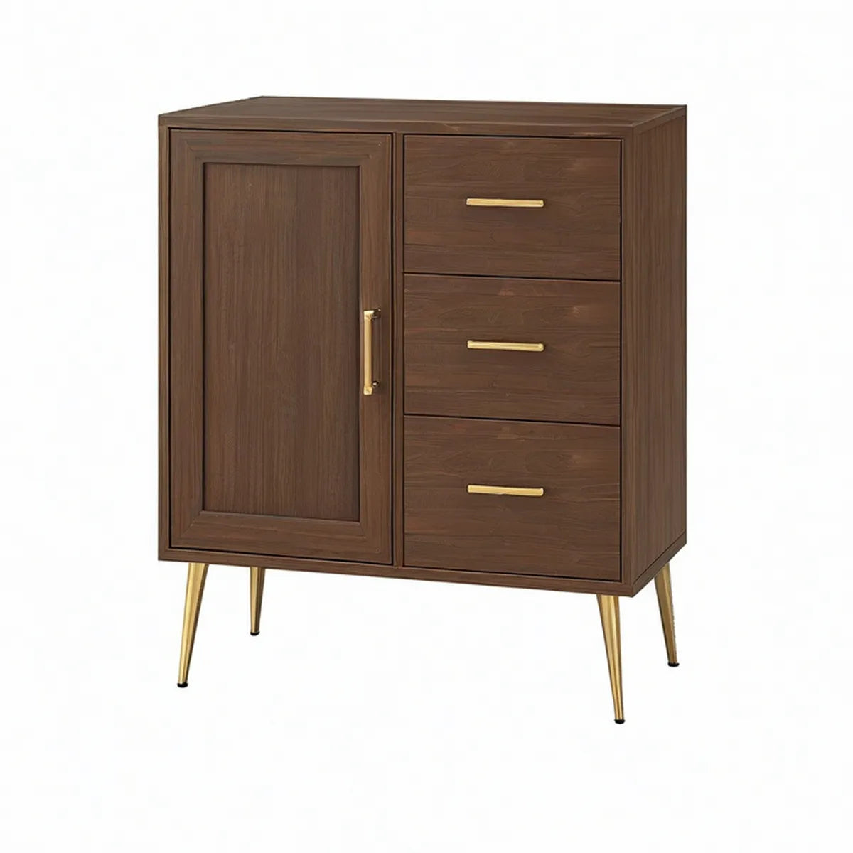 Aparador em MDF Castanho Nogueira e Dourado com 3 Gavetas e 1 Porta, 90 x 40 x 105 cm