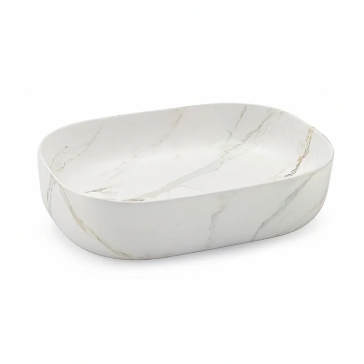 Lavatório de pousar oval em cerâmica branca efeito mármore 60 x 40 x 13 cm