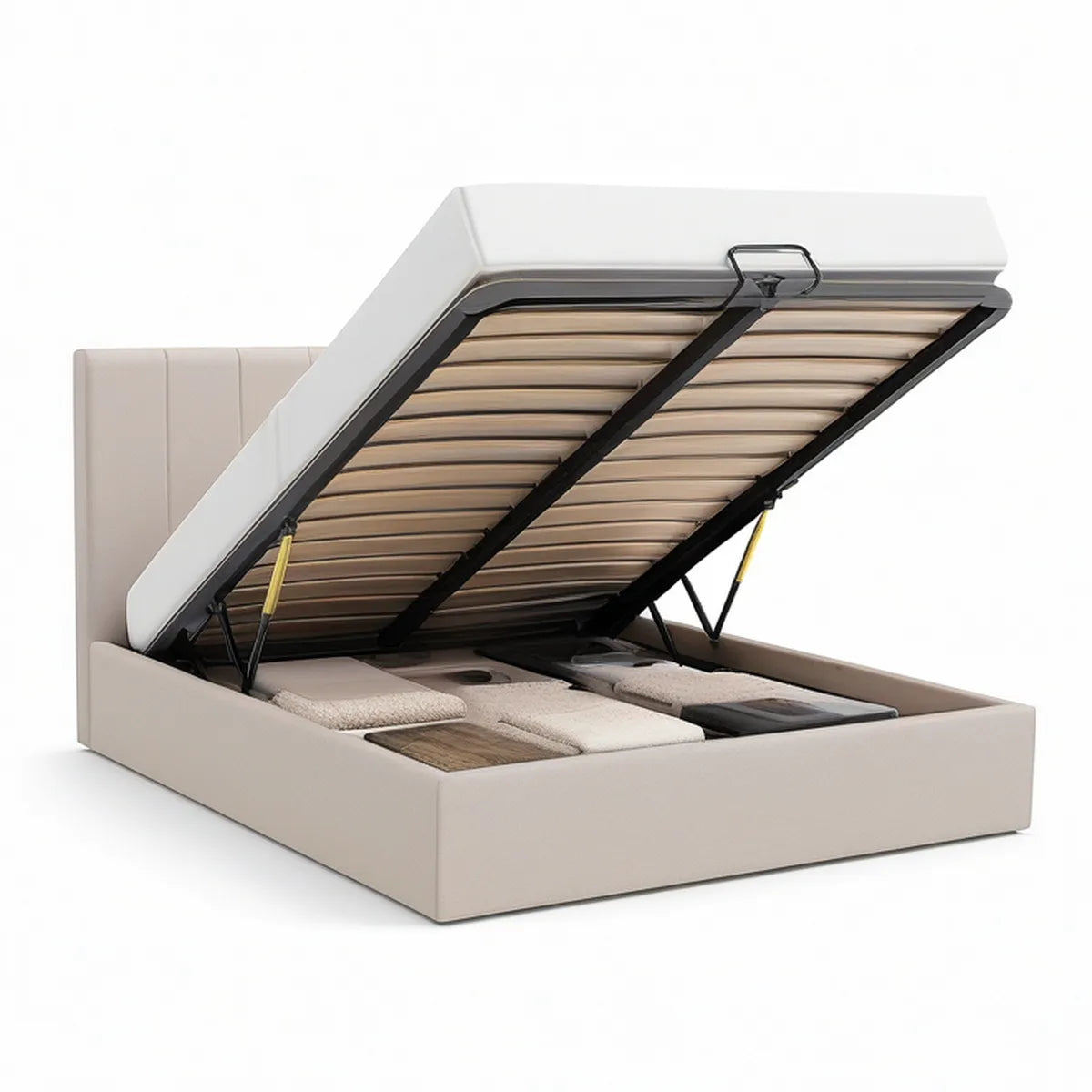 Cama de Casal Elevatória com Arrumação em PU Bege e Branco para Colchão 160 x 200 cm