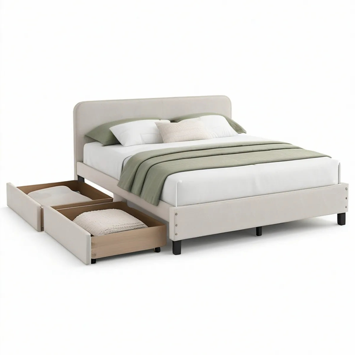 Cama de Casal Estofada Bege com 2 Gavetas, 160 x 200 cm
