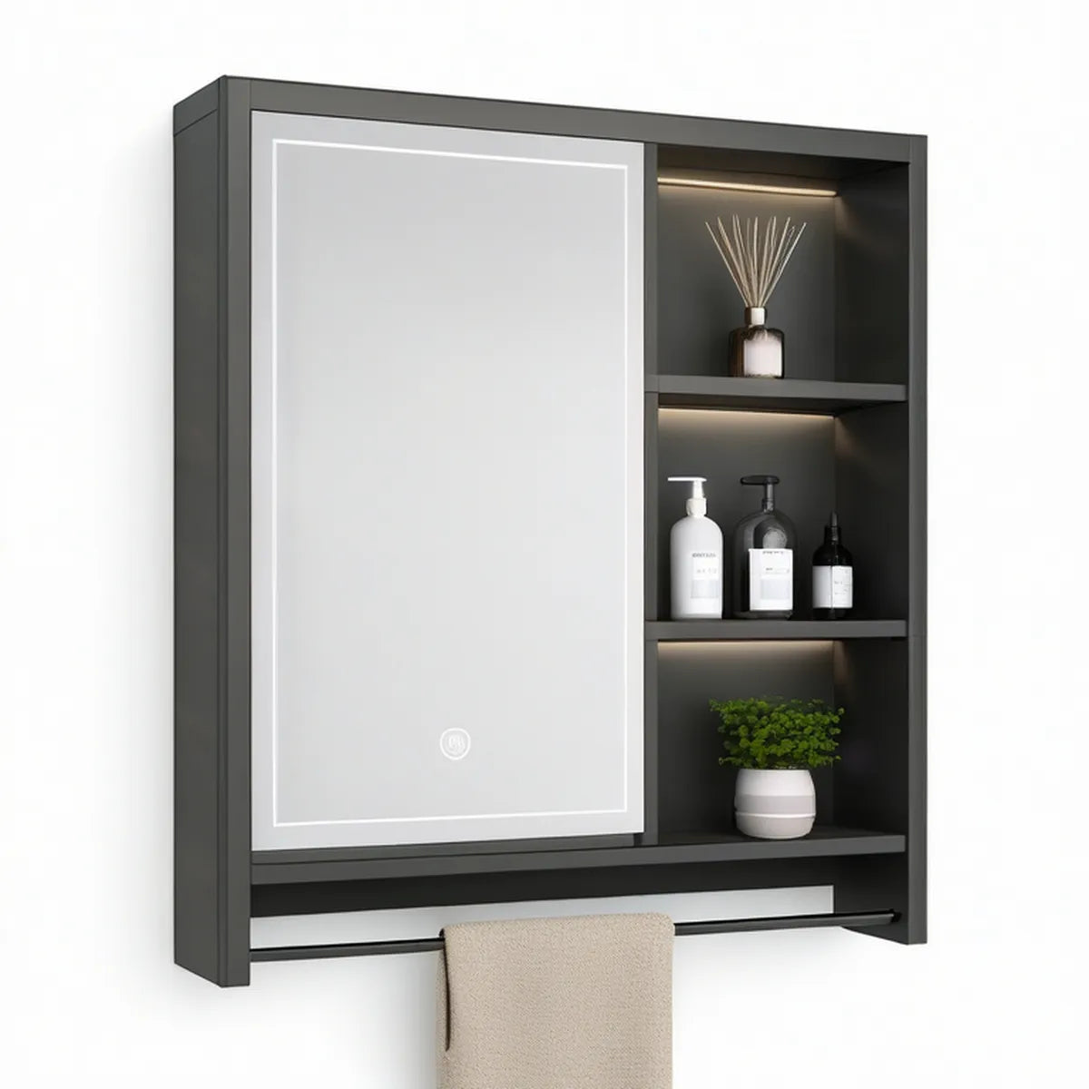Armário de Casa de Banho com Espelho LED em Alumínio Preto e Prateado 60 x 70 x 13 cm