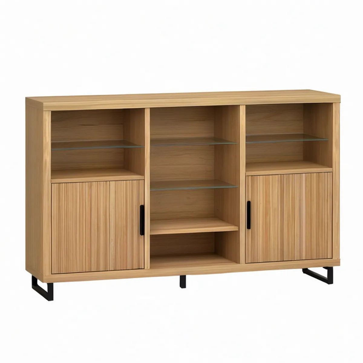Aparador Retangular em MDF Carvalho Natural com Prateleiras de Vidro 160 x 40 x 120 cm