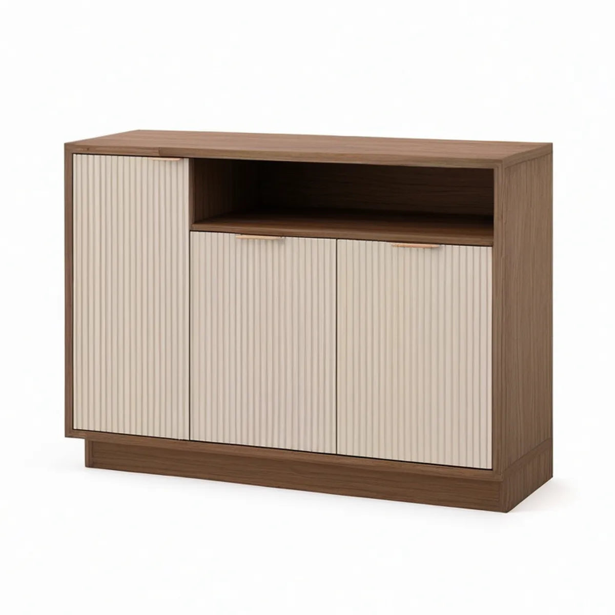 Aparador em MDF Nogueira e Marfim com 3 Portas Caneladas e Nicho Aberto, 120 x 40 x 90 cm