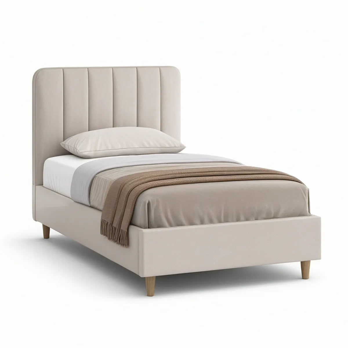 Cama Individual Estofada Bege em Veludo 90 x 200 cm