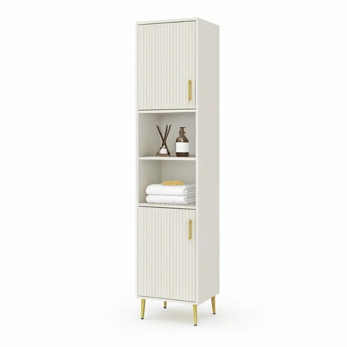 Armário Alto em MDF Branco e Dourado com Portas Caneladas, 40 x 35 x 180 cm