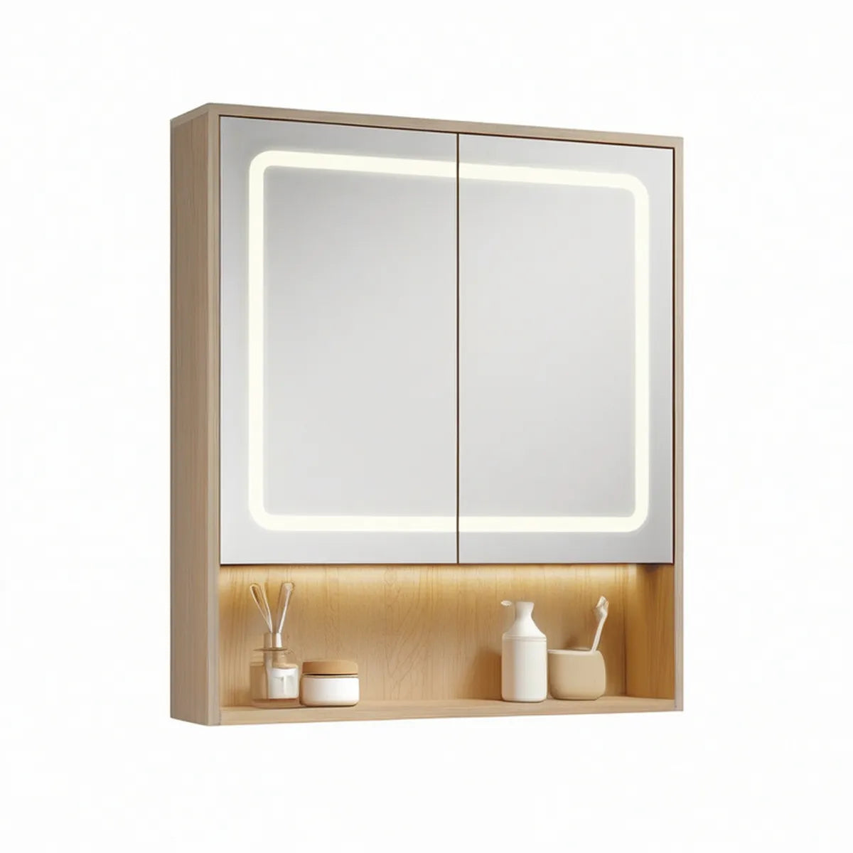 Armário de Casa de Banho com Espelho LED, 2 Portas e Nicho Aberto 60 x 70 x 15 cm em Carvalho Claro e Branco